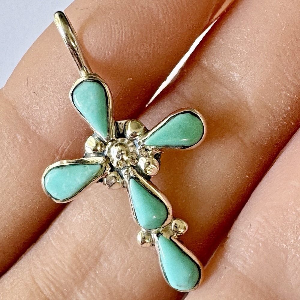 Native American Cross Pendant Zuni Sleeping Beauty Turquoise Sterling Silver 1in